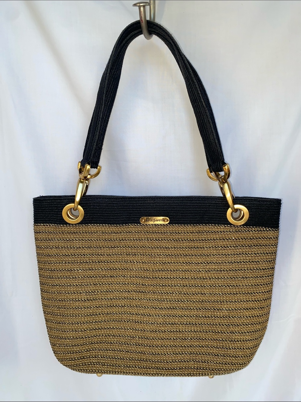Eric Javits Black & Tan Woven Straw Tote Bag with Gold Hardware